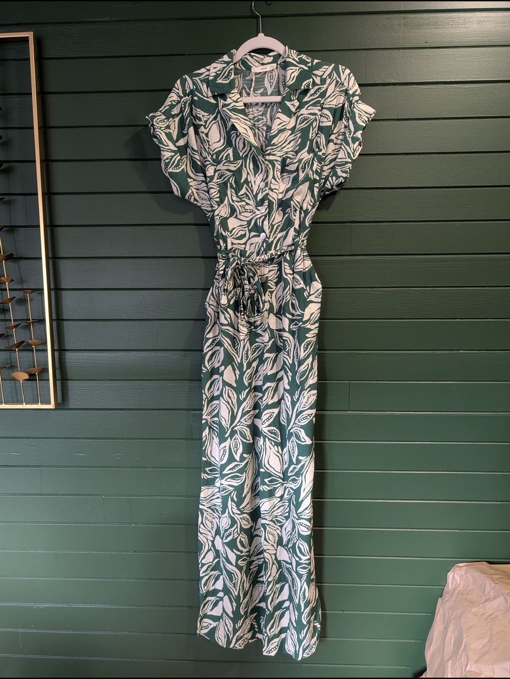Mango Green and White Leaf-Print Jumpsuit